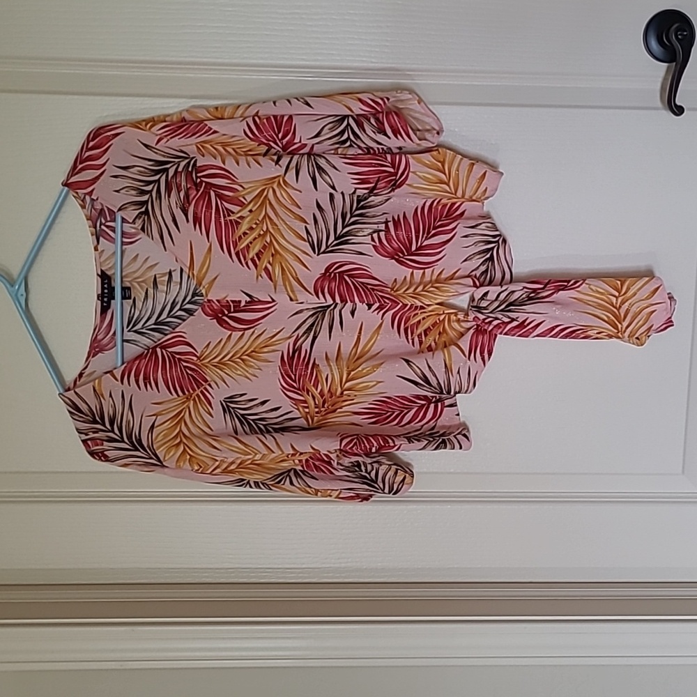 TRIBAL Women's Rayon Pink and Leaf Patterned Tie Front Blouse Size PL